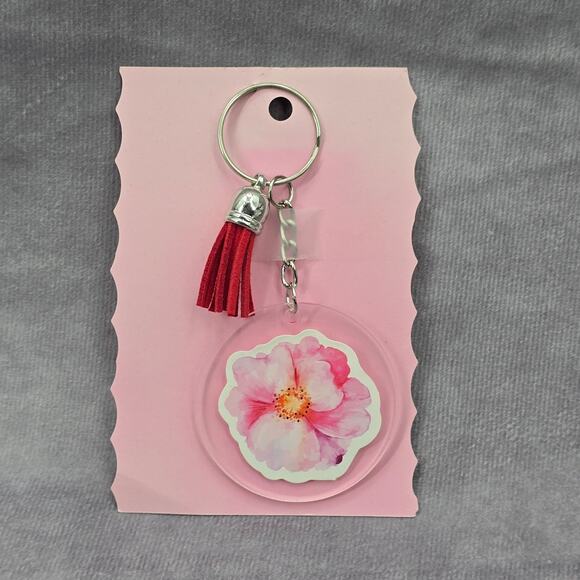 Letter Keychain Clear Silver Circle Handmade Acrylic Tassel Flower I Red - Picture 2 of 3